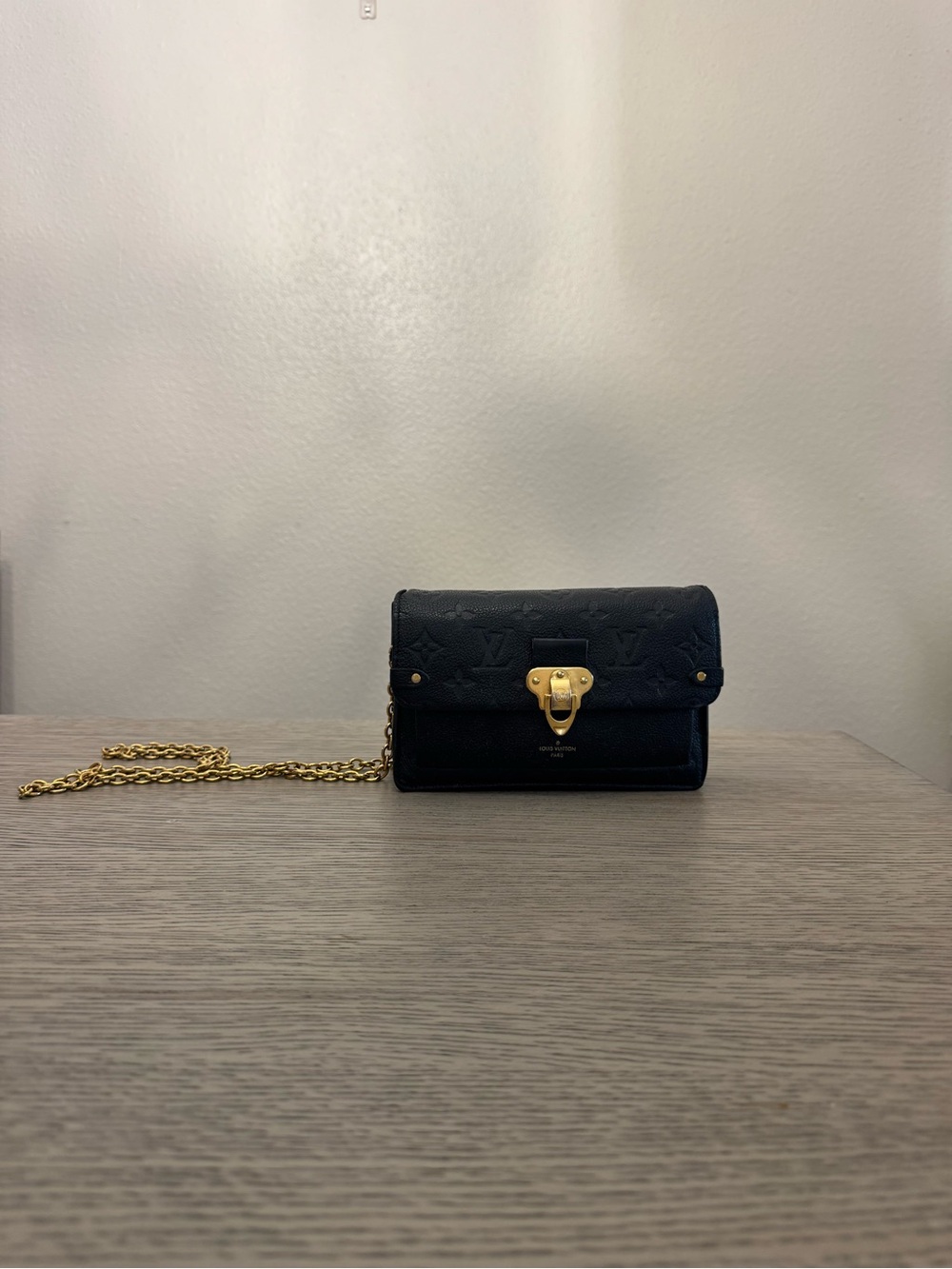 Louis Vuitton Black Mini Trunk Chain Wallet with Gold Hardware